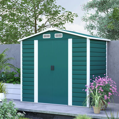 Outsunny 7 x 4ft Garden Shed, Easy to Assemble, Upgraded Galvanised Steel Frame with Foundation Kit, Double Doors with Lock, Outdoor Metal Shed with Vents and Gloves, Garden Storage Shed, Green 