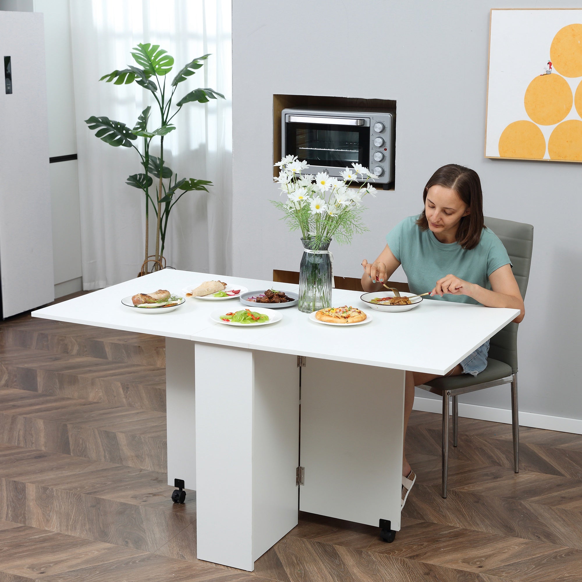 HOMCOM Folding Dining Table, Drop Leaf Table with 2-Tier Shelves, Rolling Casters, for Small Spaces, Kitchen, White 
