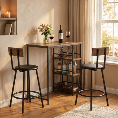 HOMCOM Space Saving Bar Table and PU Leather Stools for 2, 3 Piece Breakfast Bar Table Set with Storage Shelves, Rustic Brown