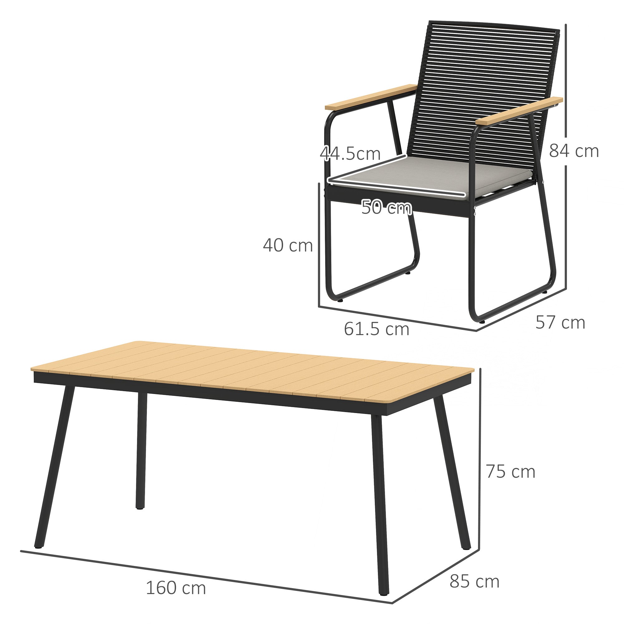 Outsunny 6 Seater Garden Dining Set with Soft Cushions, Rattan Backrest, Rectangular Plastic Top, Garden Furniture Set, Outdoor Dining Table and Chairs for Patio, Balcony, Poolside, Nature Wood Finish 