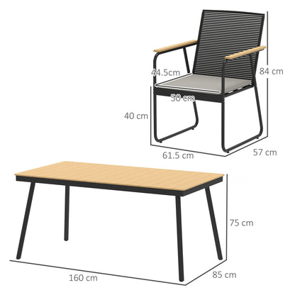Outsunny 6 Seater Garden Dining Set with Soft Cushions, Rattan Backrest, Rectangular Plastic Top, Garden Furniture Set, Outdoor Dining Table and Chairs for Patio, Balcony, Poolside, Nature Wood Finish 