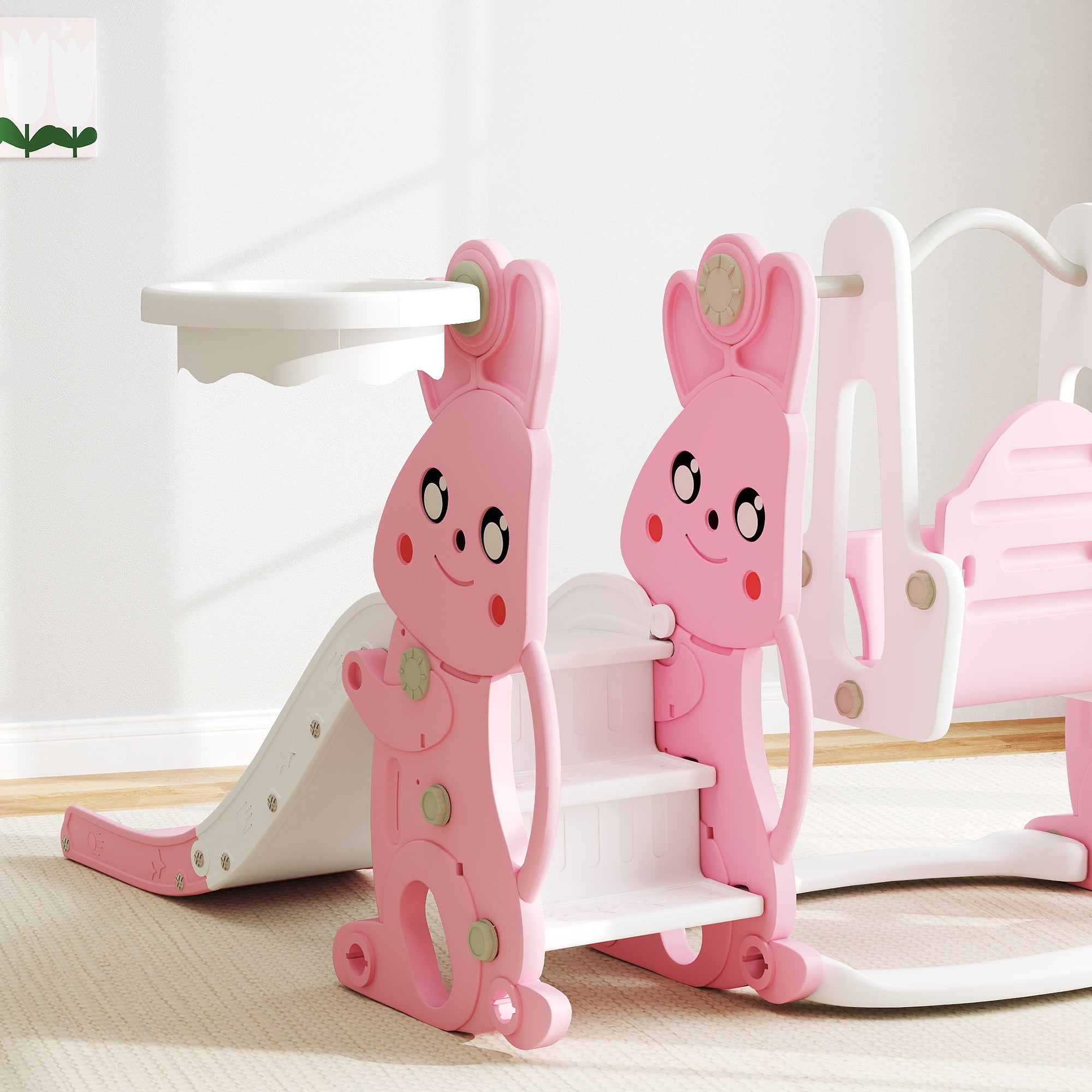 AIYAPLAY 4 in 1 Kids Slide and Swing Set with Climber, Basketball Hoop, Rabbit-Themed, Pink 
