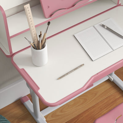 ZONEKIZ Height Adjustable Kids Study Table and Chair Set, with Drawer, Storage Shelf, 80 x 54.5 x 104 cm, Pink 