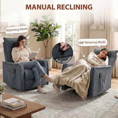 HOMCOM Recliner Armchair, Chenille Recliner Chair with Massage and Heat, 360° Swivel Rocking Manual Recliner, Dark Grey
