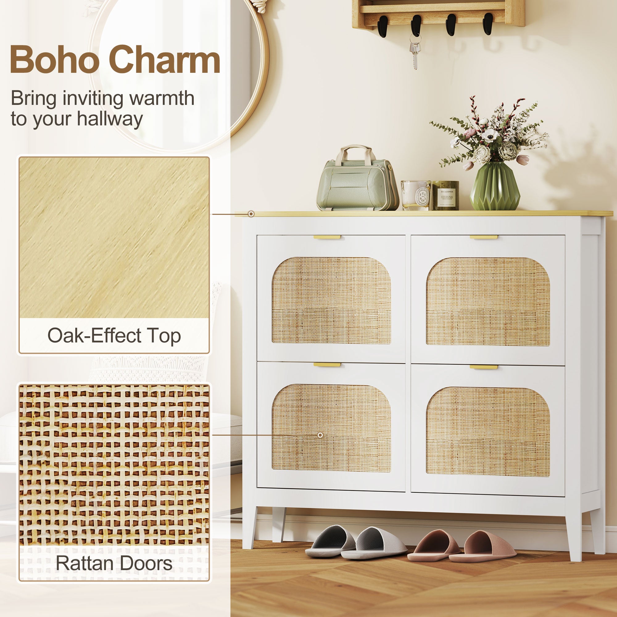 HOMCOM Narrow Shoe Cabinet, Boho Slim Shoe Storage Cabinet with 4 Flip Drawers, Holds 20 Pairs, White 