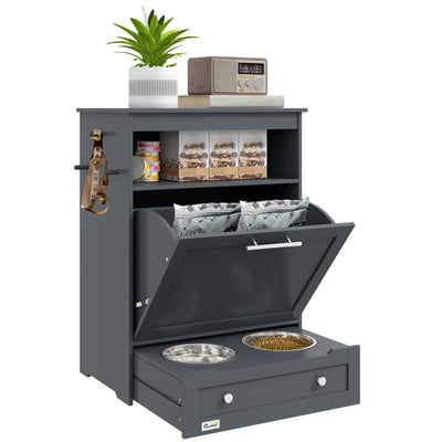 PawHut Pet Feeder Station, Dog, Cat Storage Container, with Raised Bowls, Hanger, Cabinet - Grey 