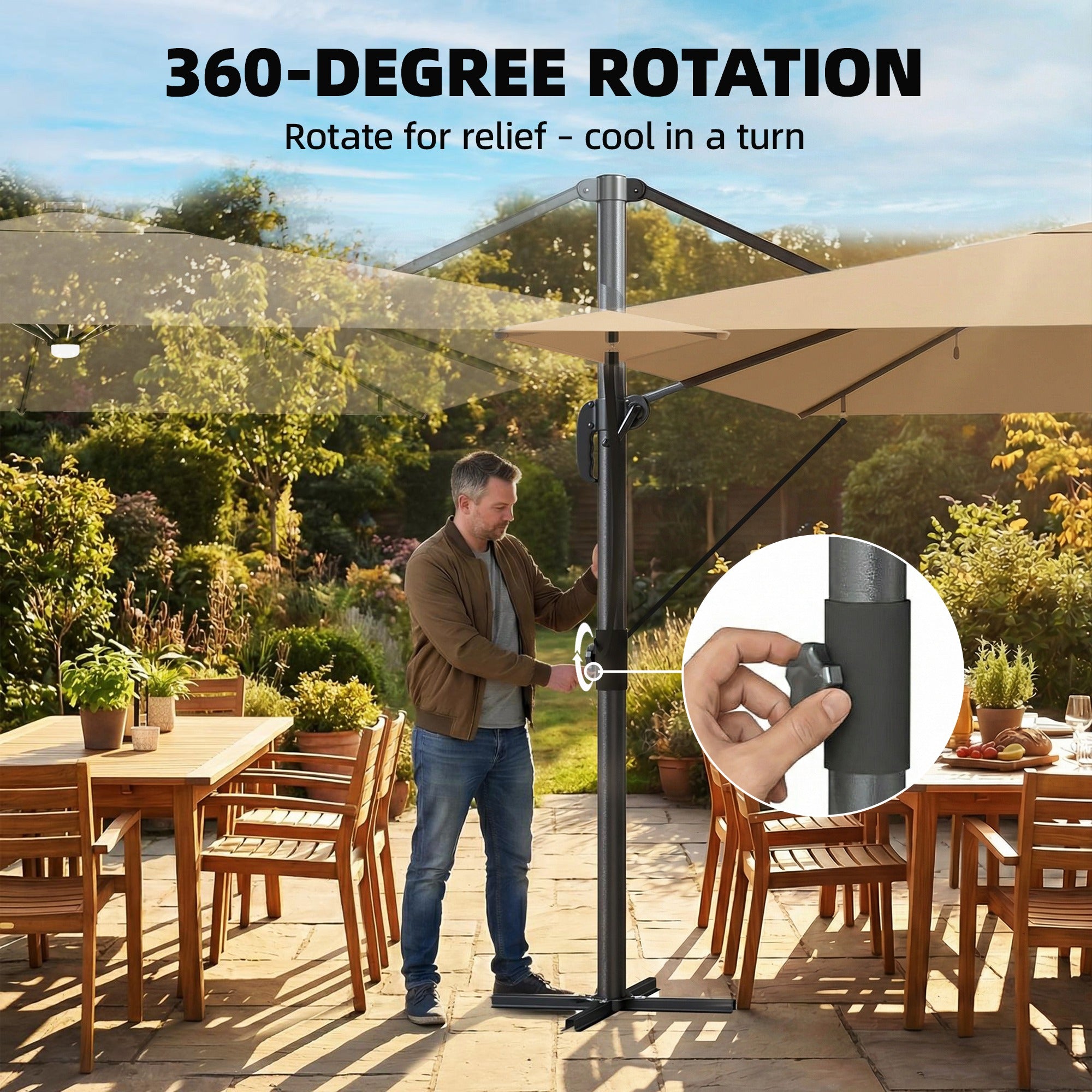 Outsunny 3 x 3 m Garden Cantilever Parasol with Light, Cover, Overhanging Umbrella w/ Wind Protection, 360° Rotation, Khaki 