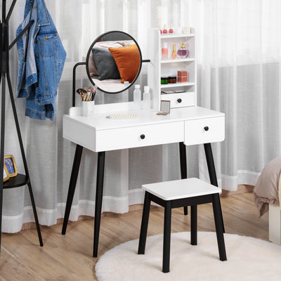 HOMCOM Dressing Table Set with Mirror and Stool, Vanity Makeup Table with 3 Drawers and Open Shelves for Bedroom, Living Room, White 