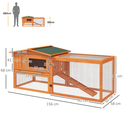 PawHut Rabbit Hutch with Run Wooden Guinea Pig Hutch Outdoor Bunny Cage Hide House with Sliding Tray, Hay Rack, Ramp, 156 x 58 x 68cm, Orange 