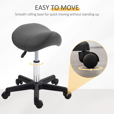 HOMCOM Saddle Stool, PU Leather Adjustable Rolling Salon Chair with Steel Frame for Massage, Spa, Beauty and Tattoo, Grey 