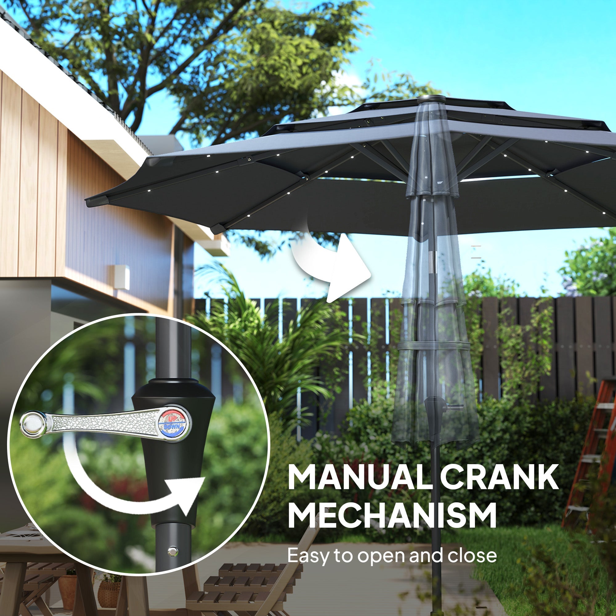 Outsunny 3-Tier Garden Parasol with Solar LED Lights, UPF 30+, Tilt Mechanism & Crank Handle, for Market Terrace, Dark Grey 