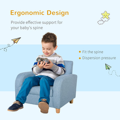 HOMCOM Children's Armchairs Toddler Chair Wood Frame Anti-Slip Legs High Back Bedroom Playroom Furniture Blue 