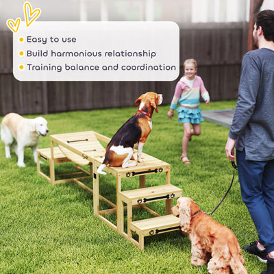 PawHut 3 Pieces Wooden Dog Agility Training Equipment with Soft Bridge, Pause Platform and Pet Stair for Outdoor, Natural Wood 