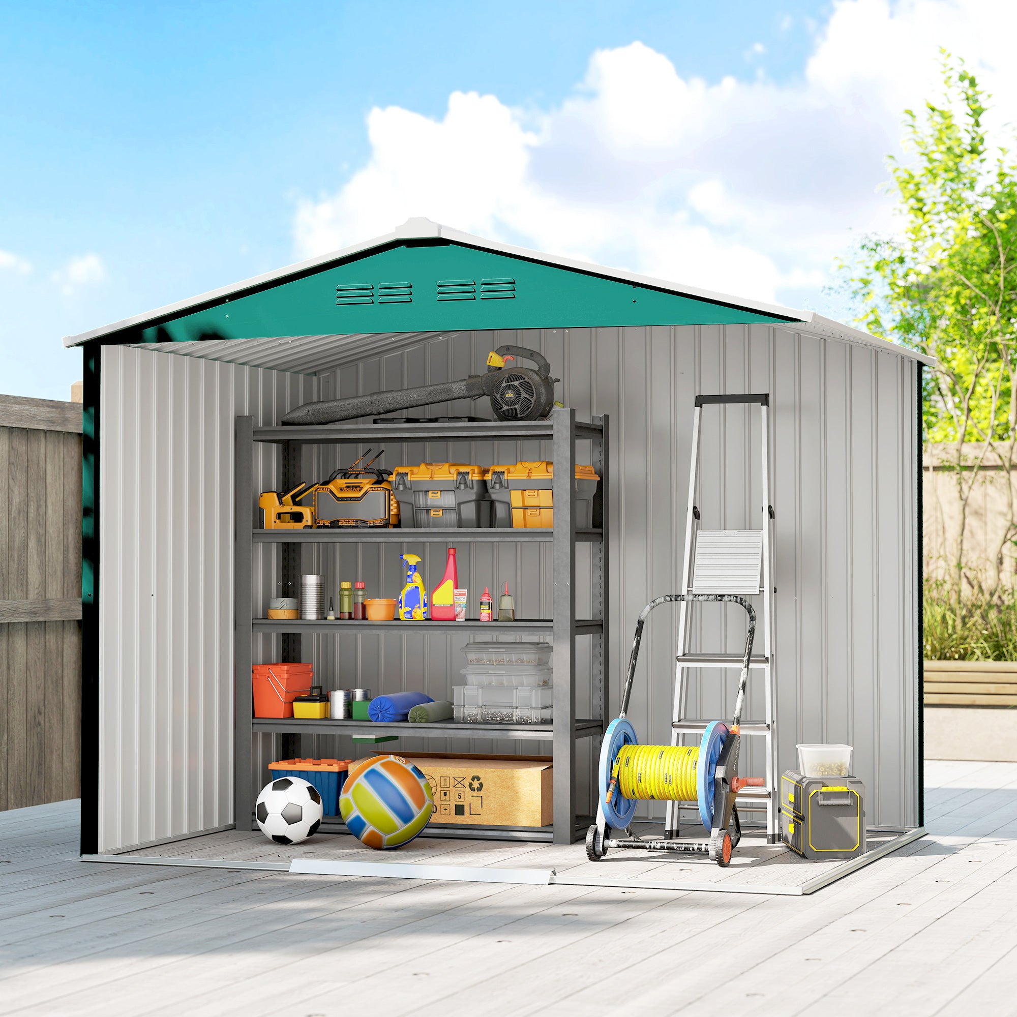 Outsunny 8 x 6ft Galvanised Steel Shed, with Double Door - Green 