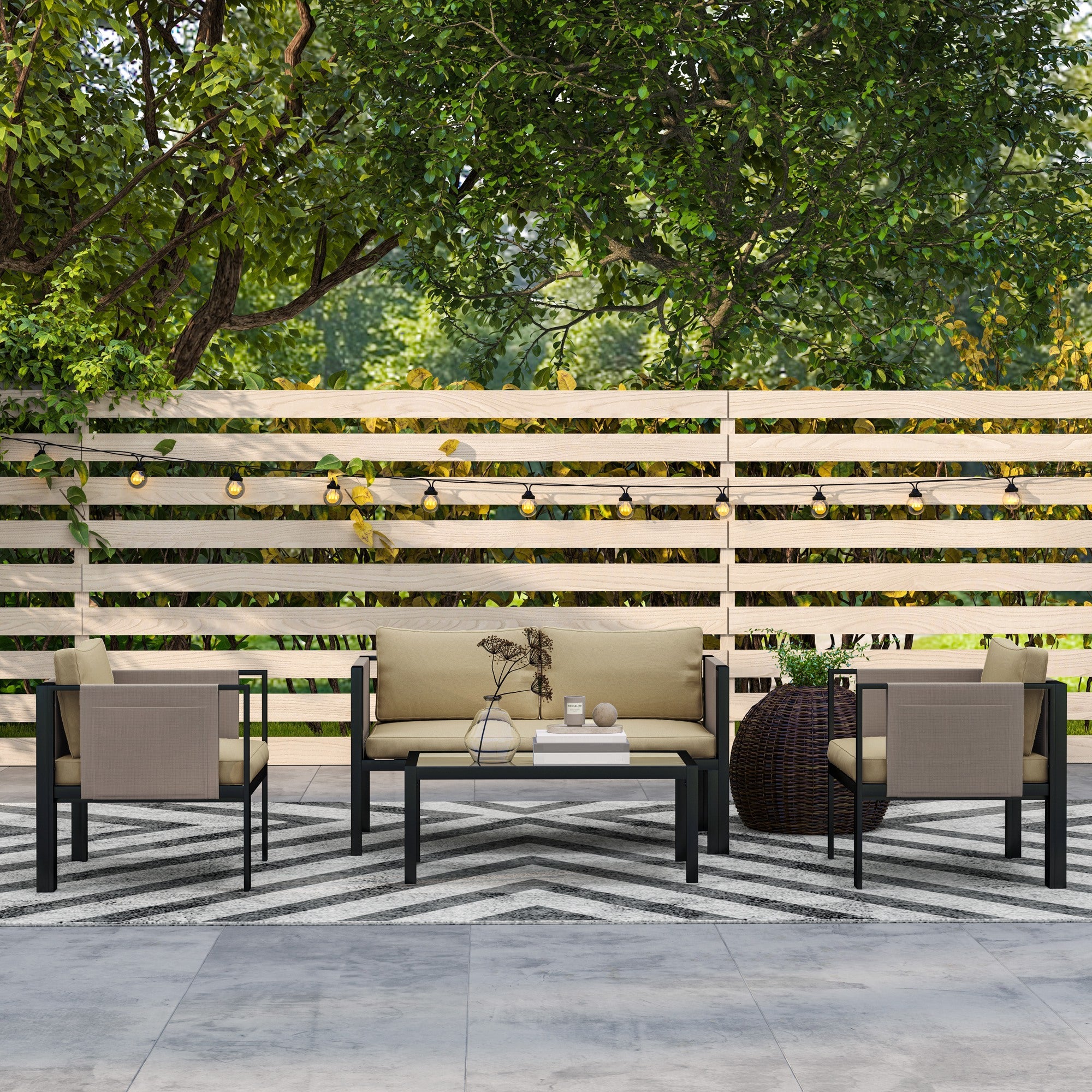 Outsunny 4 Piece Metal Garden Furniture Set with Tempered Glass Coffee Table, Texteline Pocket, Outdoor Set Loveseat Single Armchairs with Padded Cushions, Khaki 