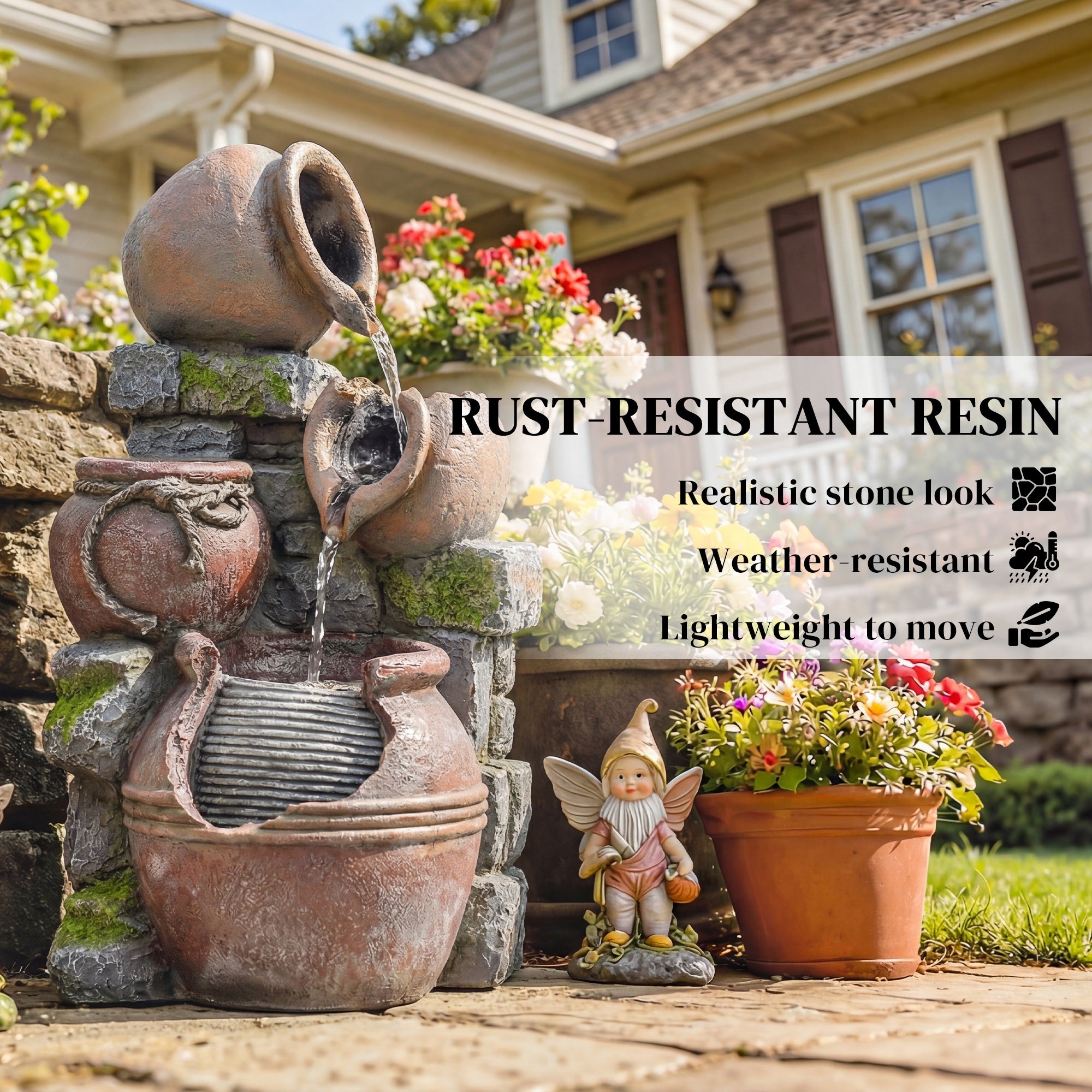 Outsunny Outdoor Fountain with 4-Tier Rustic Pots & Planter, Garden Fountain with LED Lights, Rustic Brown 
