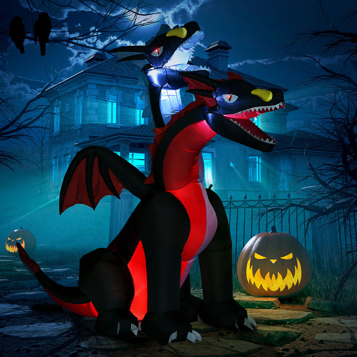 HOMCOM 7FT Tall Halloween Inflatable Dragon with 2 Heads and LED Lights, Blow Up Halloween Party Decoration for Indoor Outdoor Yard Lawn Garden 