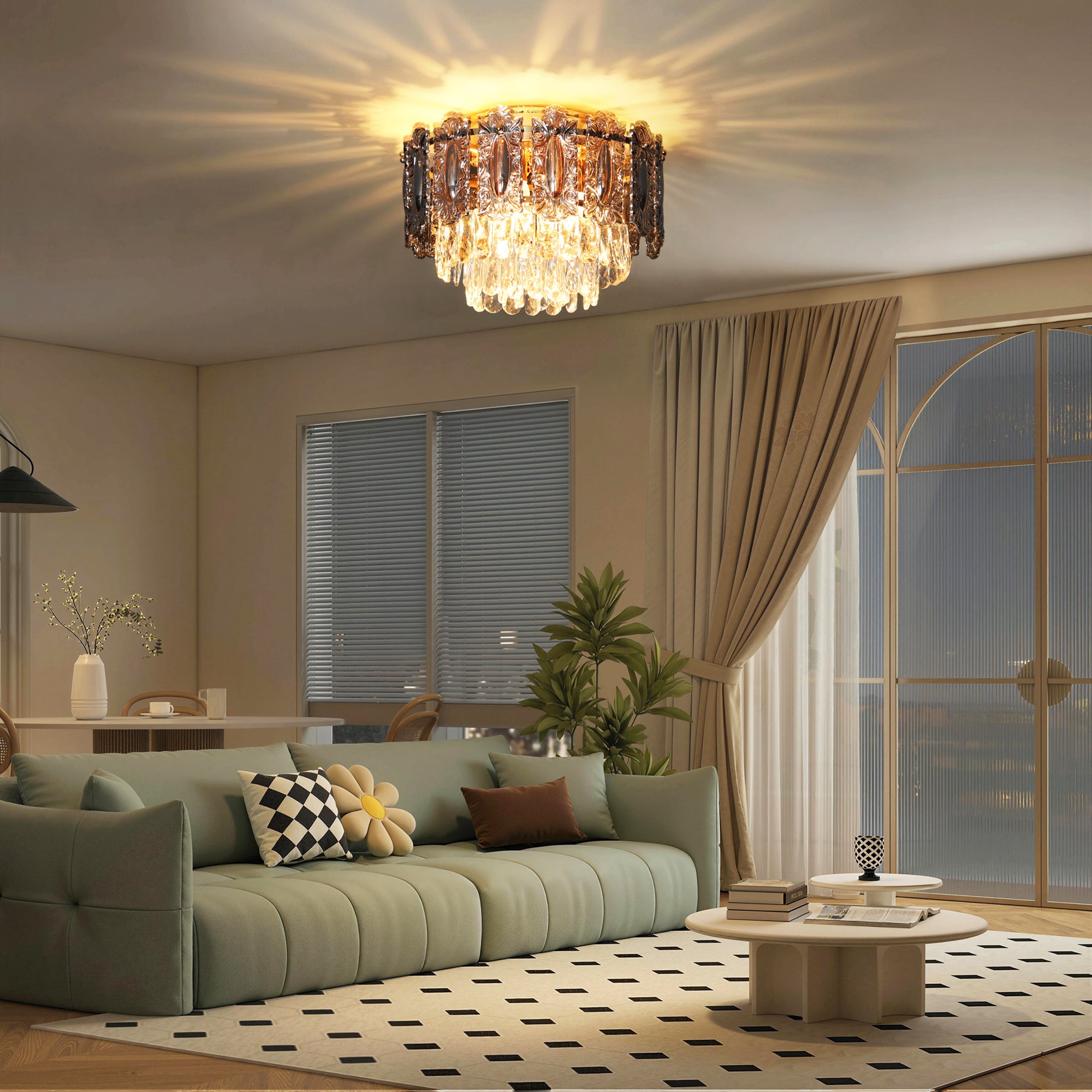 HOMCOM Chandelier Ceiling Light, 3-Light Flush Mount Fixture with Dual Crystal and Smoke Glass Shade, 40 cm LED Ceiling Light for Living Room Bedroom, 3 E14 Sockets, Bulbs Not Included, Gold Tone 
