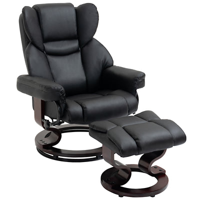 HOMCOM Faux Leather Recliner Chair and Footstool, Swivel Upholstered Armchair and Footstool with Adjustable Backrest, Solid Wood Base for Living Room, Black 