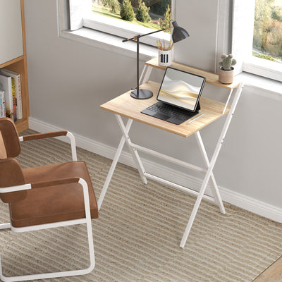HOMCOM 70 cm Folding Computer Desk with Monitor Shelf - Natural Wood Finish 