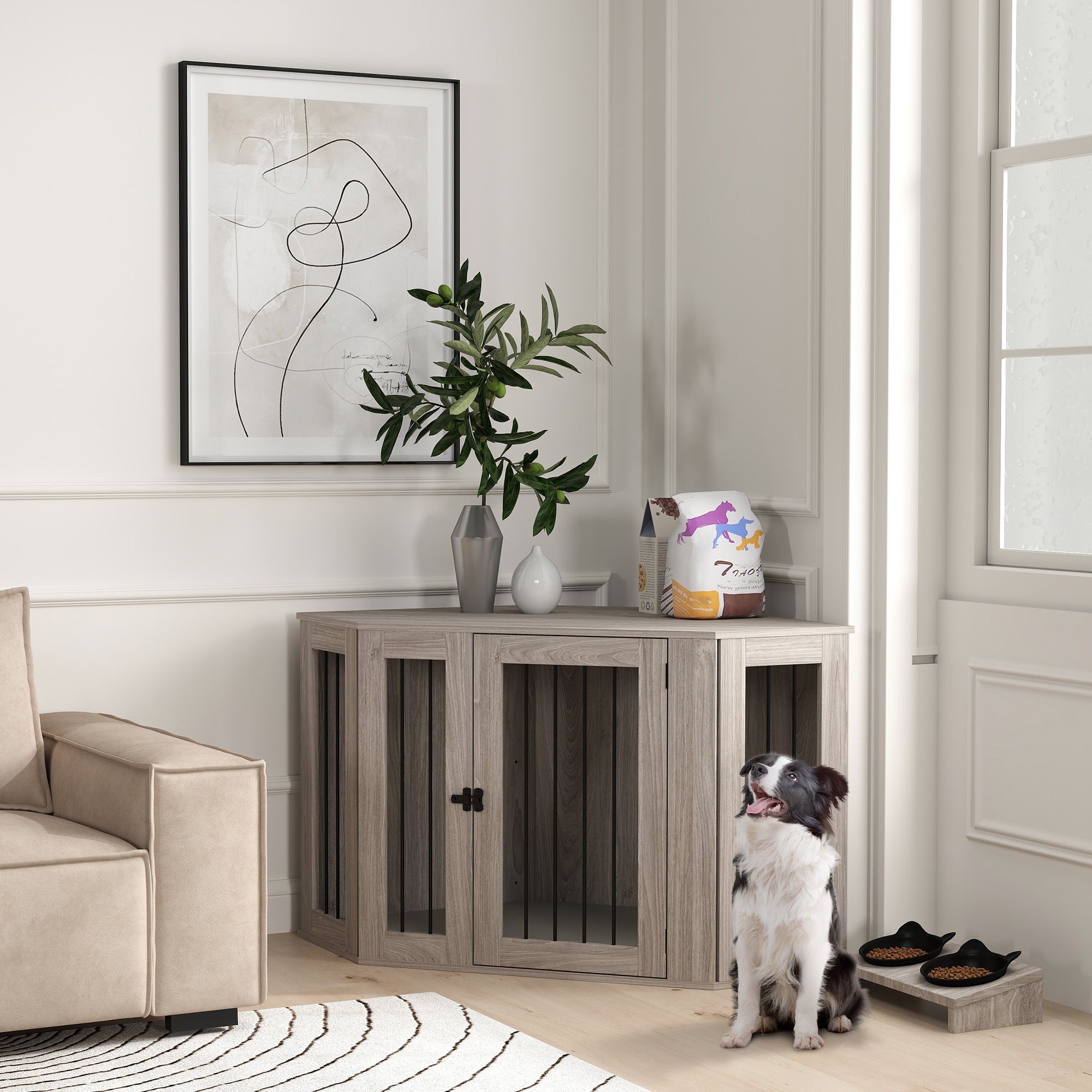 PawHut 2 in 1 Dog Crate Furniture Side Table, with Cushion, 122 x 61 x 71cm - Walnut Brown 