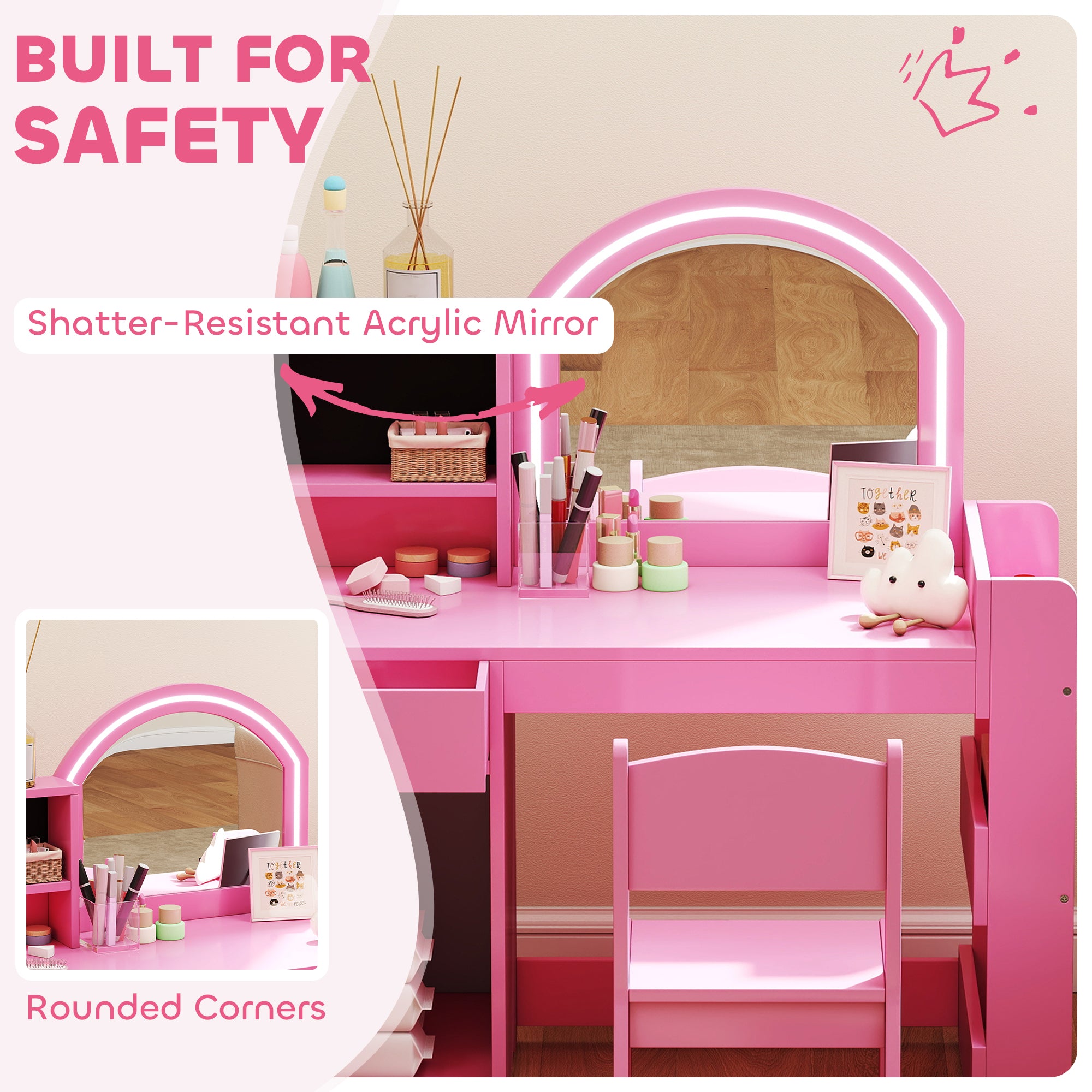 AIYAPLAY Kids Vanity Table and Chair Set, Girls Dressing Table with 2-Colour LED Mirror, Stool, Cabinet, Drawer, Shelves, Pink 
