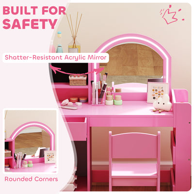 AIYAPLAY Kids Vanity Table and Chair Set, Girls Dressing Table with 2-Colour LED Mirror, Stool, Cabinet, Drawer, Shelves, Pink 