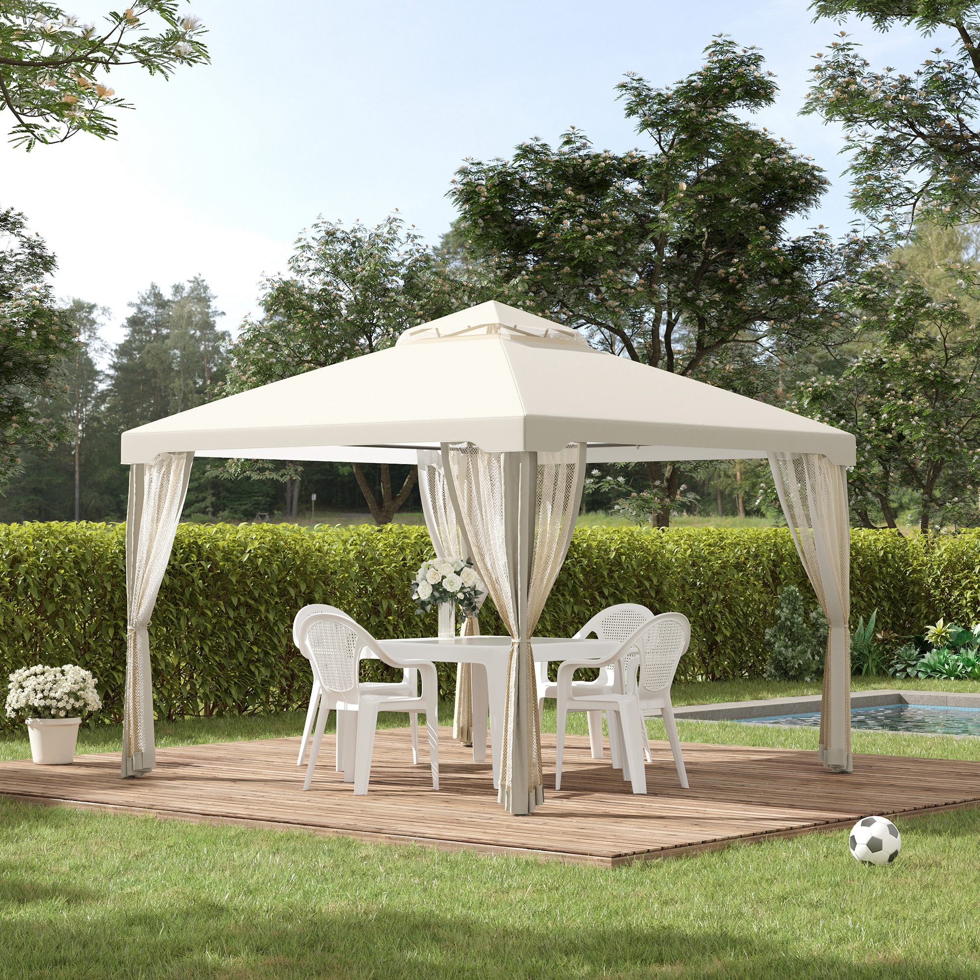 Outsunny 3 x 3 m Metal Gazebo, Garden Pavillion, Double Roof Outdoor Canopy Shelter with Mesh Sidewalls, Cream White 