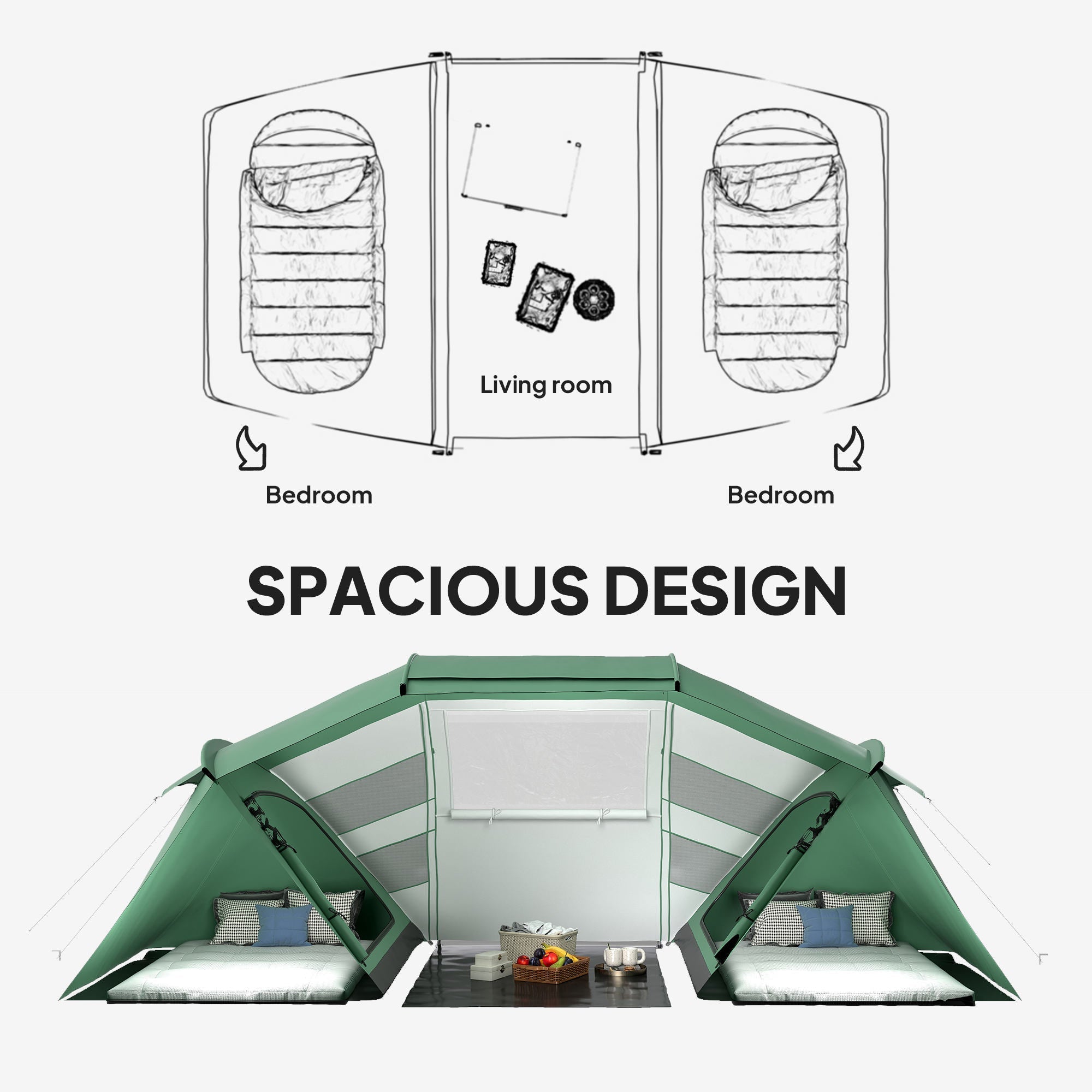 Outsunny 4-6 Man UV Protection Camping Tent - Green and White 
