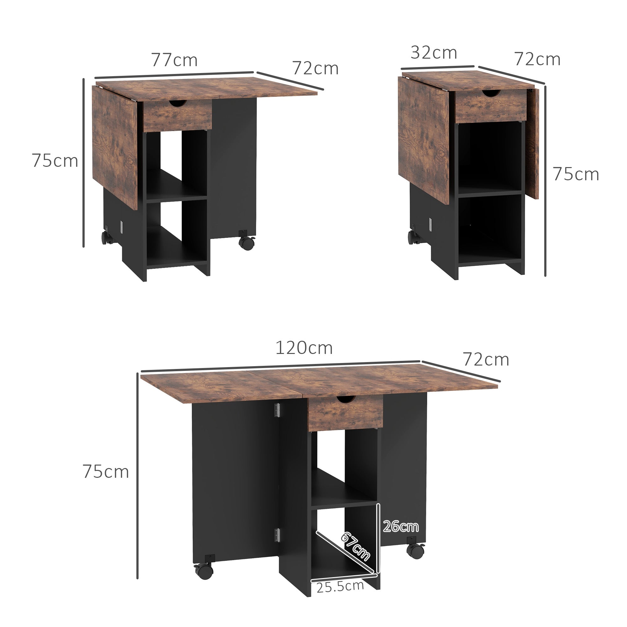 HOMCOM Folding Dining Table, Drop Leaf Table for Small Spaces, Foldable Table with Drawer and Storage Shelves for Kitchen, Dining Room, Rustic Brown 