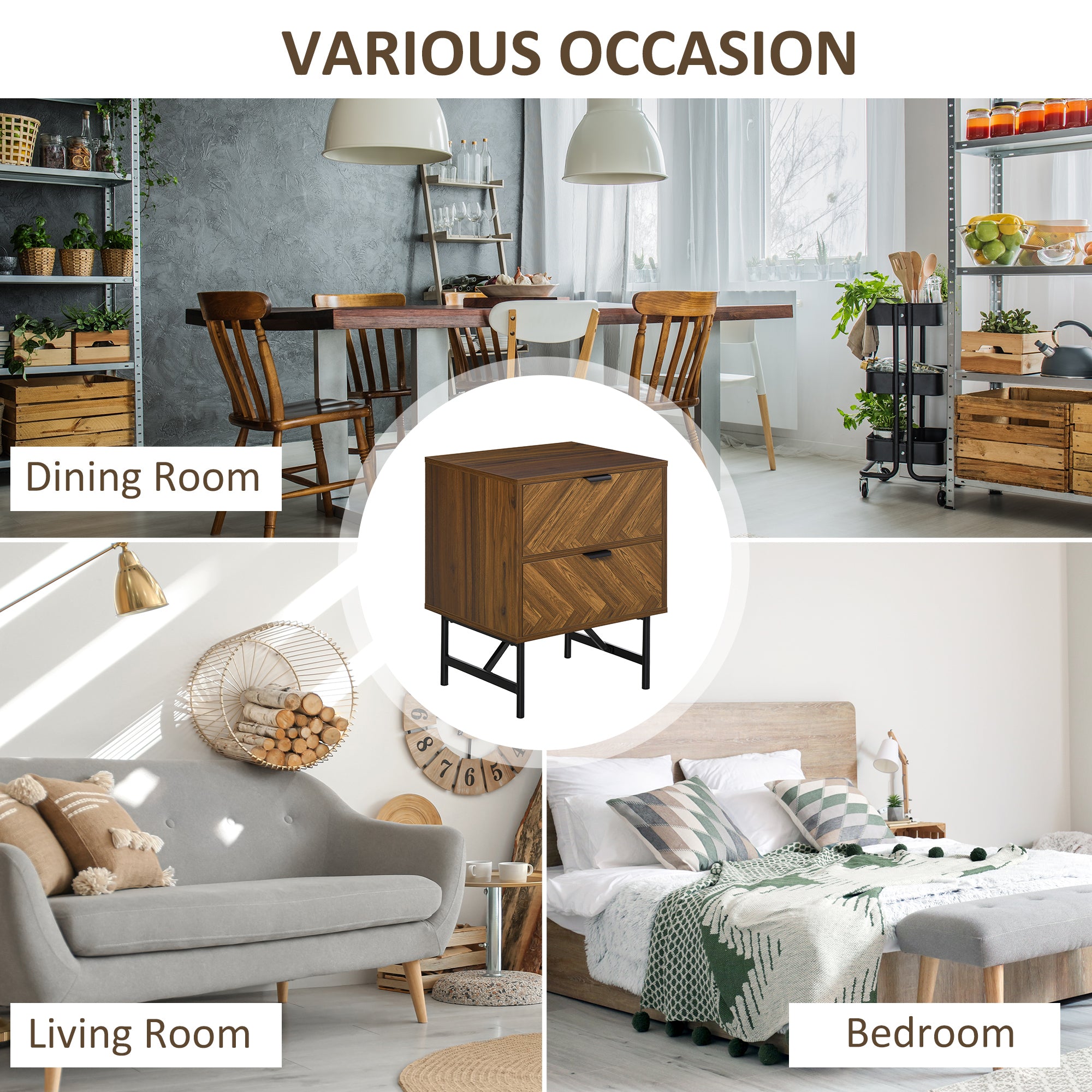 HOMCOM Bedside Table Set of 2 with 2 Drawers, Modern Side Tables with Herringbone Pattern and Metal Legs for Bedroom, Living Room, Walnut Brown