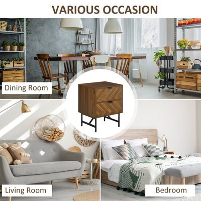HOMCOM Bedside Table Set of 2 with 2 Drawers, Modern Side Tables with Herringbone Pattern and Metal Legs for Bedroom, Living Room, Walnut Brown 