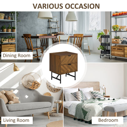 HOMCOM Bedside Table Set of 2 with 2 Drawers, Modern Side Tables with Herringbone Pattern and Metal Legs for Bedroom, Living Room, Walnut Brown