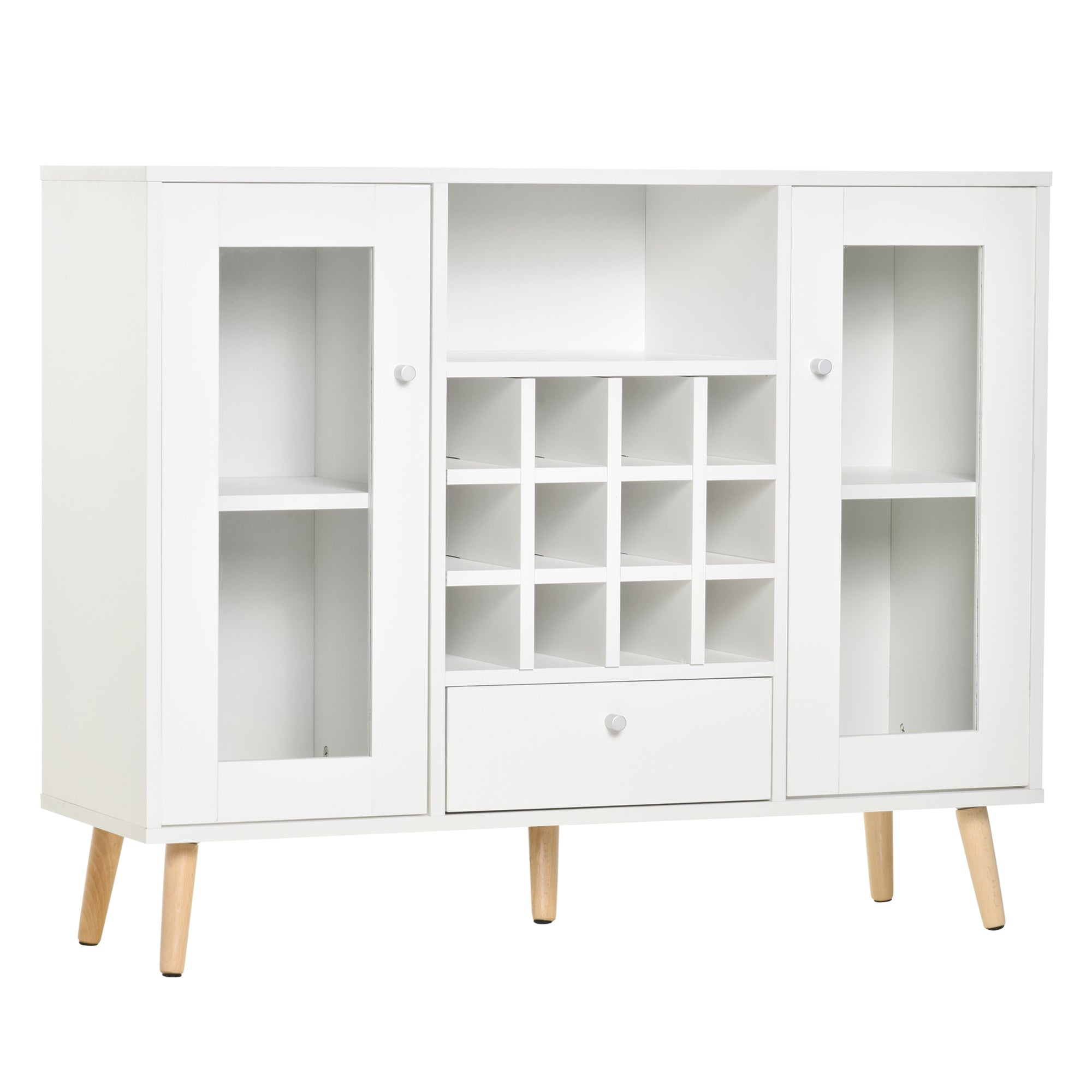HOMCOM Modern Sideboard Storage Cabinet Kitchen Cupboard Dining Bar Server with Glass Doors, Drawer & 12-Bottle Wine Rack for Living Room, White 