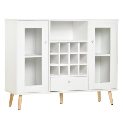 HOMCOM Modern Sideboard Storage Cabinet Kitchen Cupboard Dining Bar Server with Glass Doors, Drawer & 12-Bottle Wine Rack for Living Room, White 