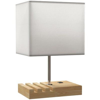 HOMCOM Bedside Lamp with USB A+C Charging Ports and 3 Phone Stands, Modern Table Lamp with Solid Wood Base and Fabric Shade for Bedroom Living Room Office, E27 Socket, Bulb Not Included, White 