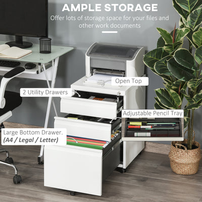 Vinsetto 3 Drawer Filling Cabinet, Mobile Metal File Cabinet with Anti-tilt Design for Letter, A4, Legal Size, White 