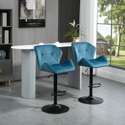 HOMCOM Bar Stools Set Of 2, Luxurious Velvet-Touch Barstools with Metal Frame Footrest Round Base Triangle Indenting Moulded Seat Adjustable Height Swivel Blue 