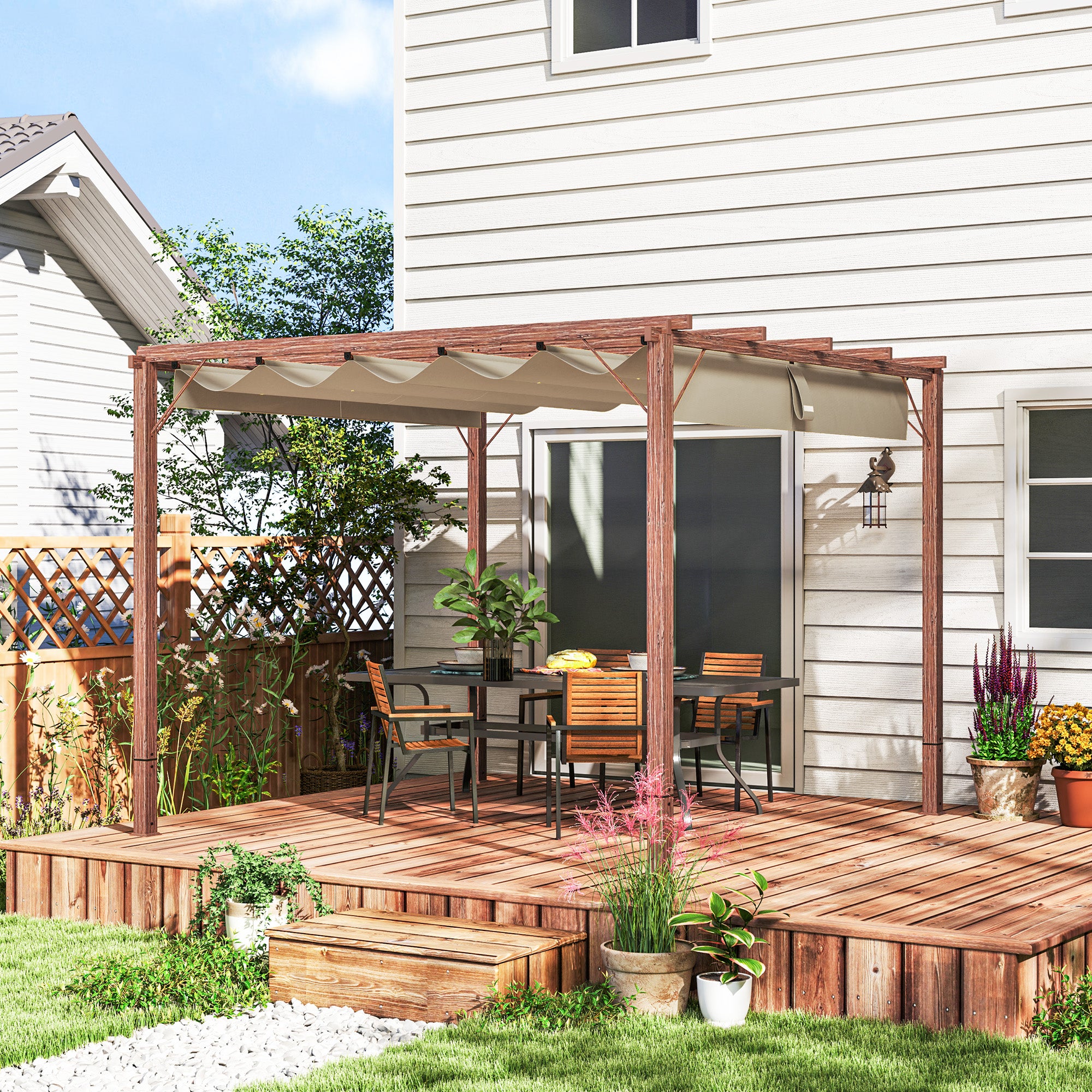 Outsunny 3 x 3 m Retractable Roof Pergola - Natural Wood Finish 