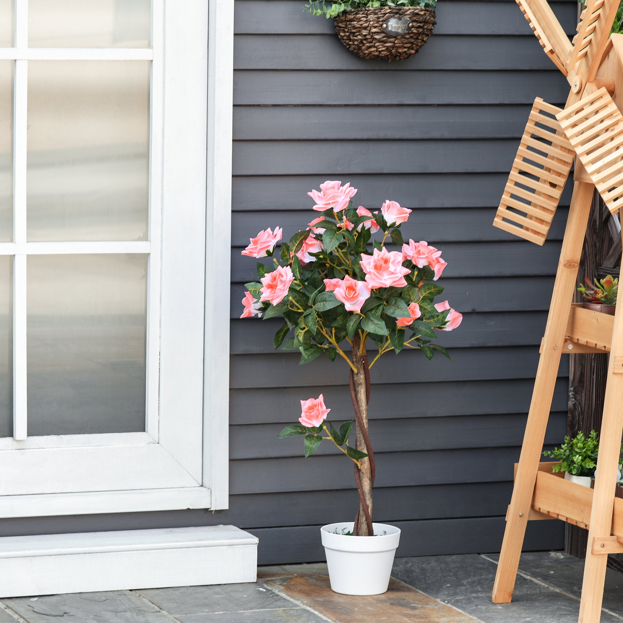Outsunny Artificial Plants Pink Rose Floral in Pot, Fake Plants for Home Indoor Outdoor Decor, 90cm 