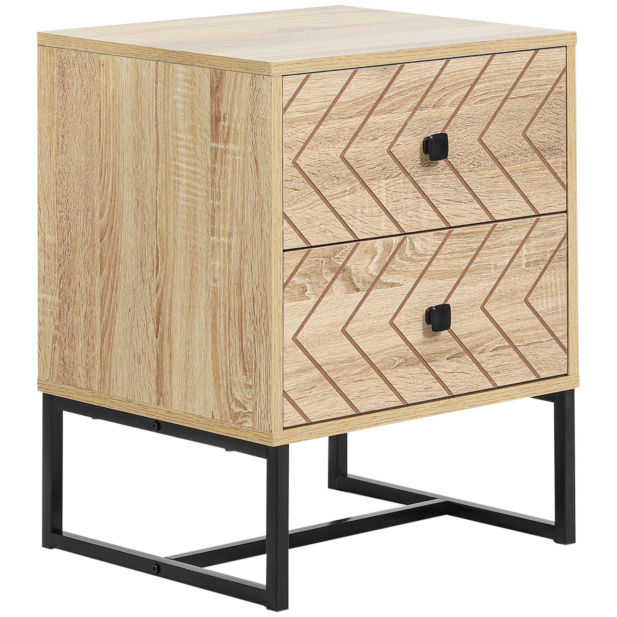 HOMCOM Bedside Table Nightstand Two-Drawer Bedroom Storage Unit Zig Zag Design with Black Metal Handles, Natural 
