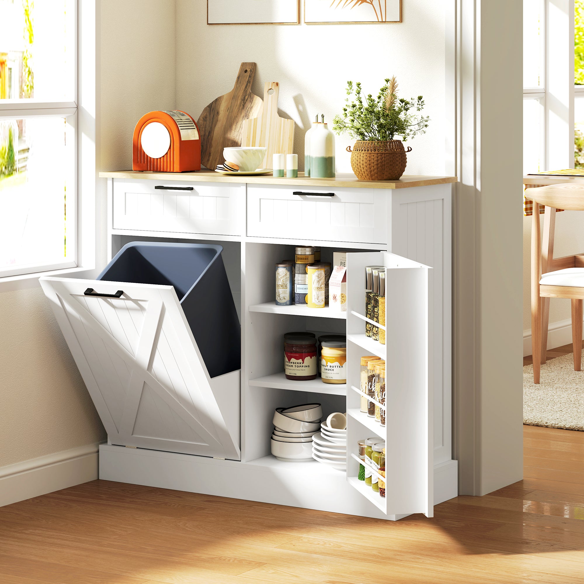 HOMCOM Sideboard with Tilt-out Trash Bin, Farmhouse Kitchen Sideboard with 2 Drawers, Adjustable Shelves, Door Racks, White 