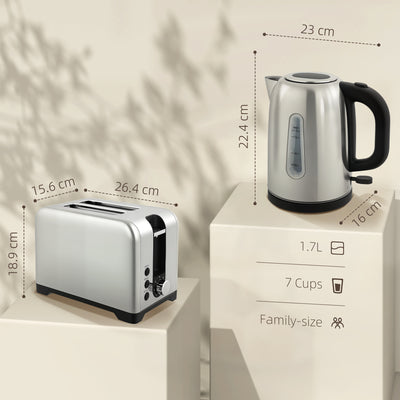 HOMCOM Simple Polished Toaster and Kettle Set - Silver Tone 