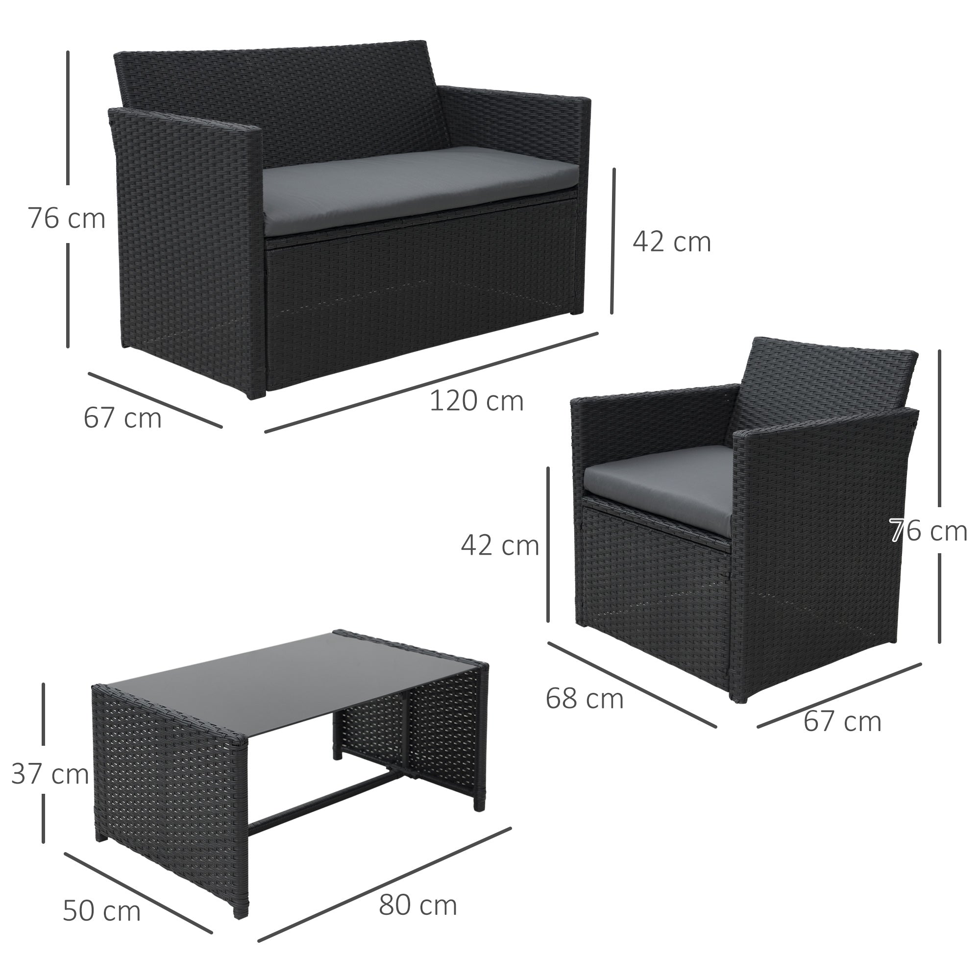 Outsunny 4 Pieces PE Rattan Garden Sofa Set with Cushions, Outdoor Patio Wicker Weave Conservatory Furniture Set with a Loveseat, 2 Armchairs and a Glass Top Coffee Table, Black 