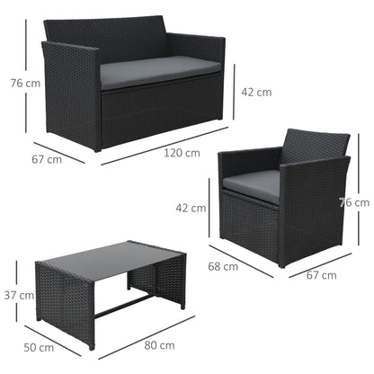 Outsunny 4 Pieces PE Rattan Garden Sofa Set with Cushions, Outdoor Patio Wicker Weave Conservatory Furniture Set with a Loveseat, 2 Armchairs and a Glass Top Coffee Table, Black 