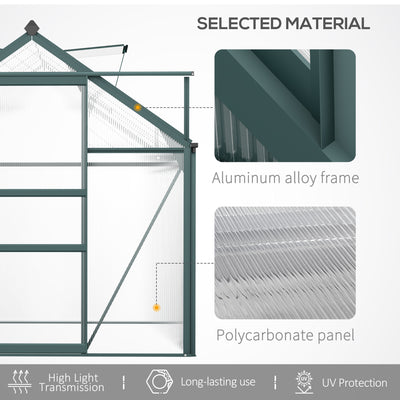 Outsunny 6 x 10ft Polycarbonate Greenhouse, Large Walk-In Green House with Slide Door and Window, Garden Plants Grow House with Aluminium Frame and Foundation, Dark Green 