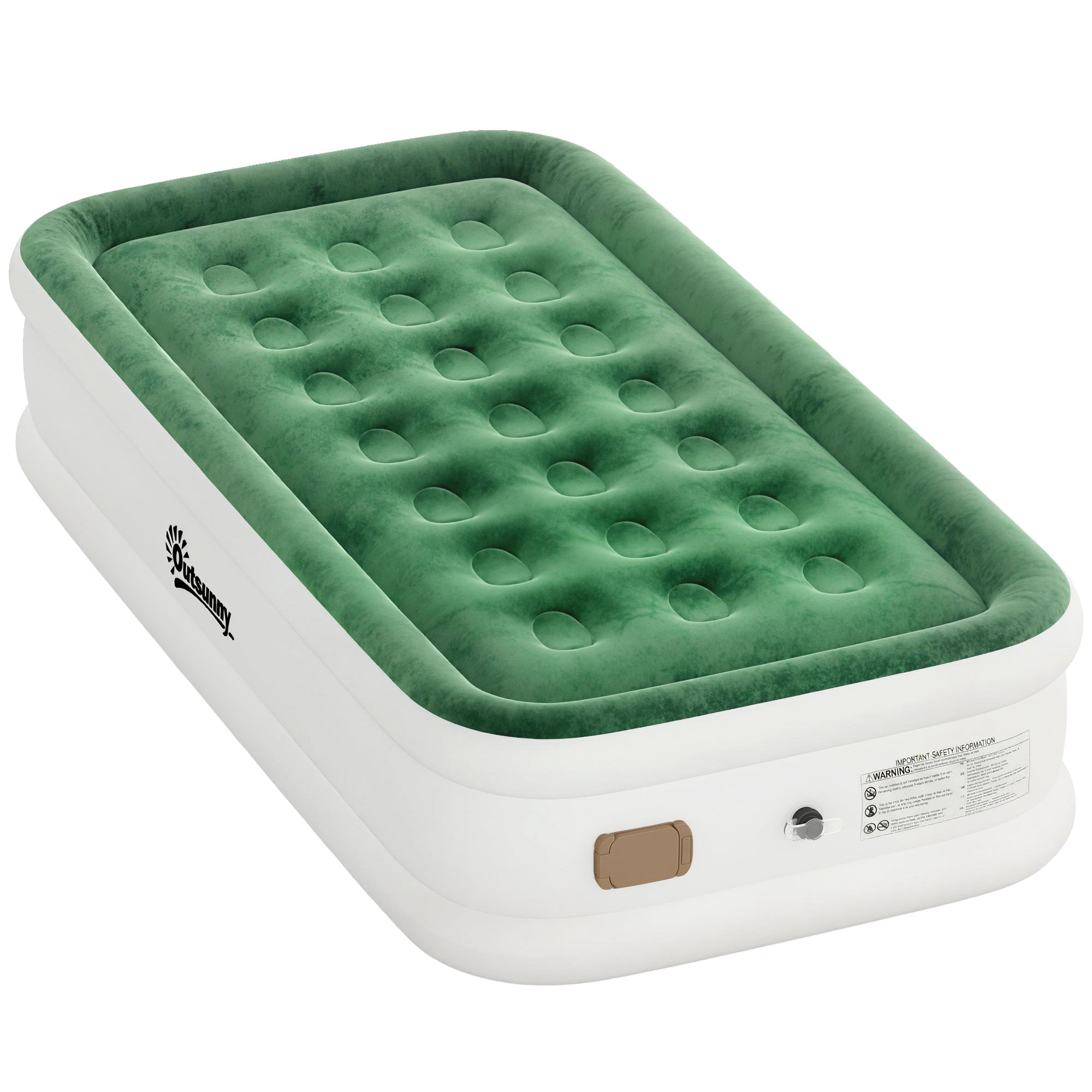 Outsunny Inflatable Mattress, Single Air Bed with Built-in Electric Pump, 3 Mins Inflation, Flocked Surface, Dark Green 