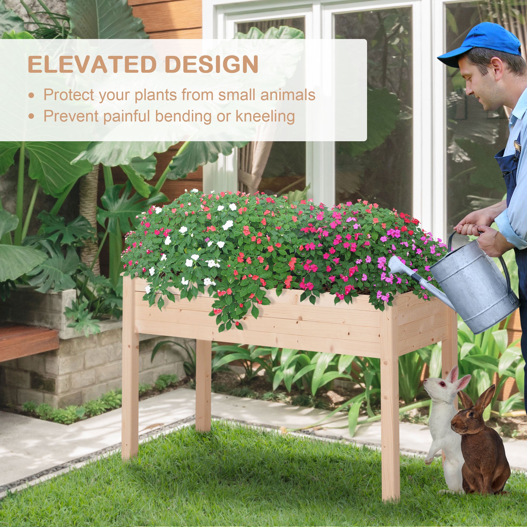 Outsunny Garden Wooden Planters， Non-Woven Fabric, Rectangular Raised Bed,Fir Wood，Indoor/Outdoor, 122.5Lx56.5Wx76H cm 