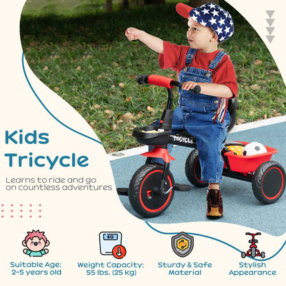 AIYAPLAY Kids Trike for 2-5 Years with Adjustable Seat, Pedal, Baskets, Red 