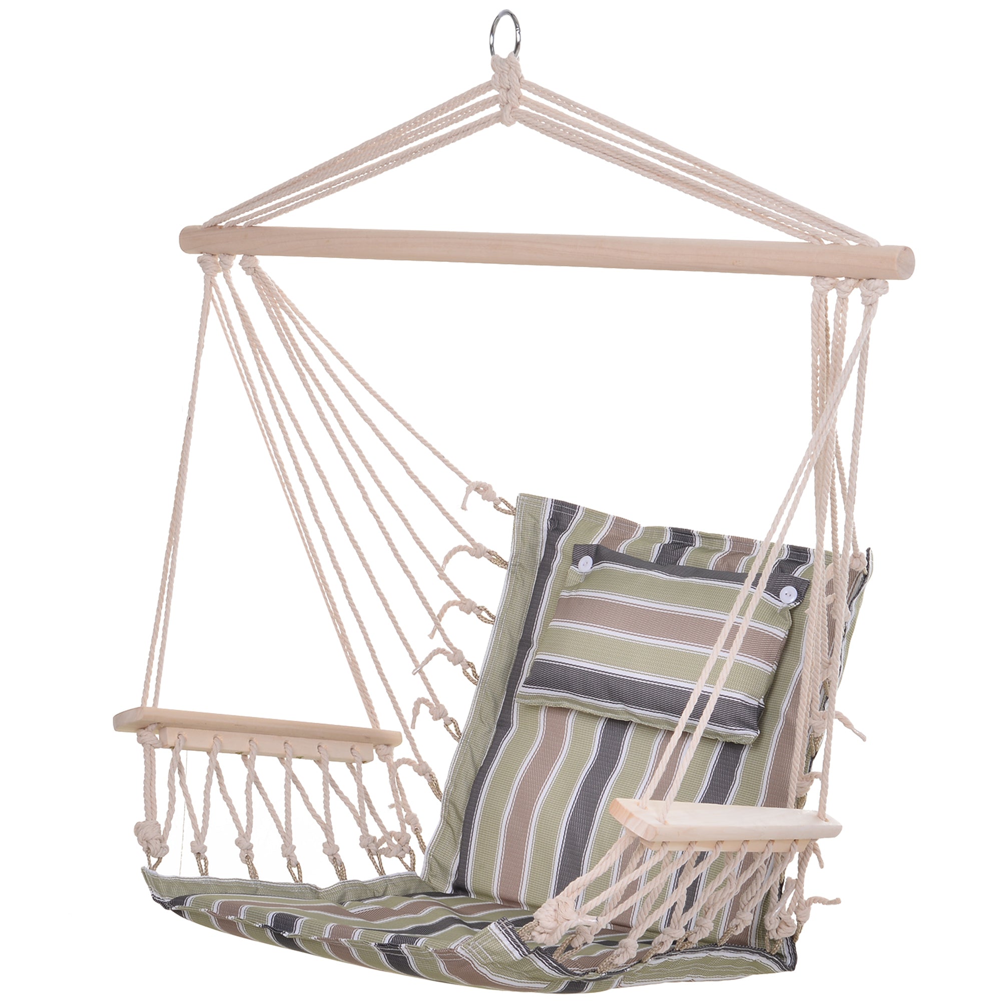 Outsunny Garden Outdoor Hanging Hammock Chair Thick Rope Frame Wooden Arms Safe Wide Seat Garden Outdoor Spot Stylish Multicoloured stripes 